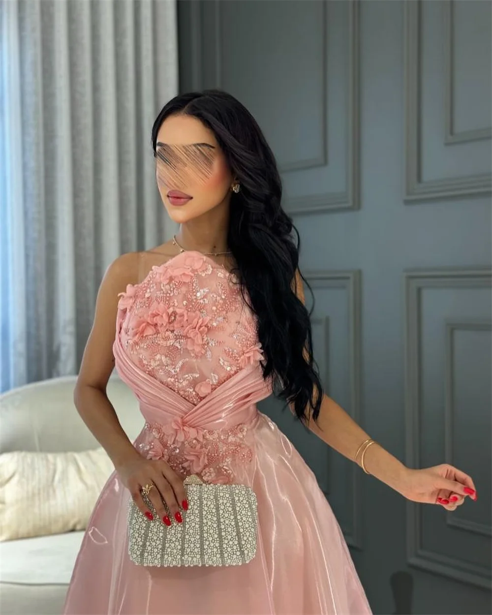 Mila Pink 3D Flowers Appliques Prom Dresses Strapless Organza Customized Evening Dresses Ankle-Length vestidos de fiesta 2025
