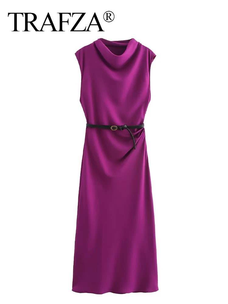 TRAFZA Autumn Women' Fashion Solid Sleeveless O Neck Slim Long Dresses Female With Belt Chic Elegant Versatile Woman Dress