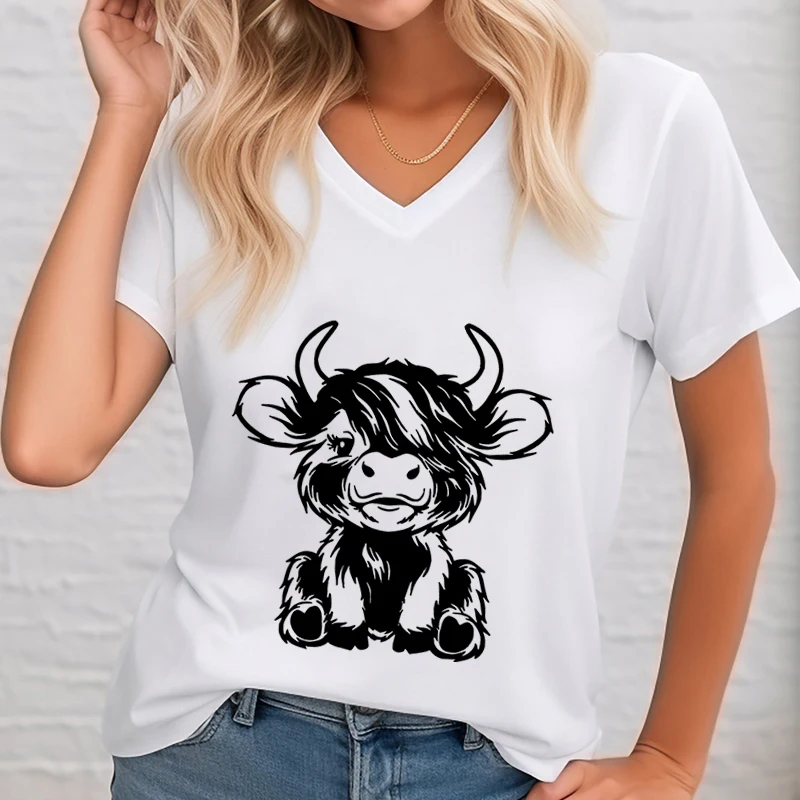 Cows Graphic T Shirts Women Cute Animal Lovers Tops V-neck Cute Highland Cow T-shirt Female Short Sleeve Tee Summer Casual Tops