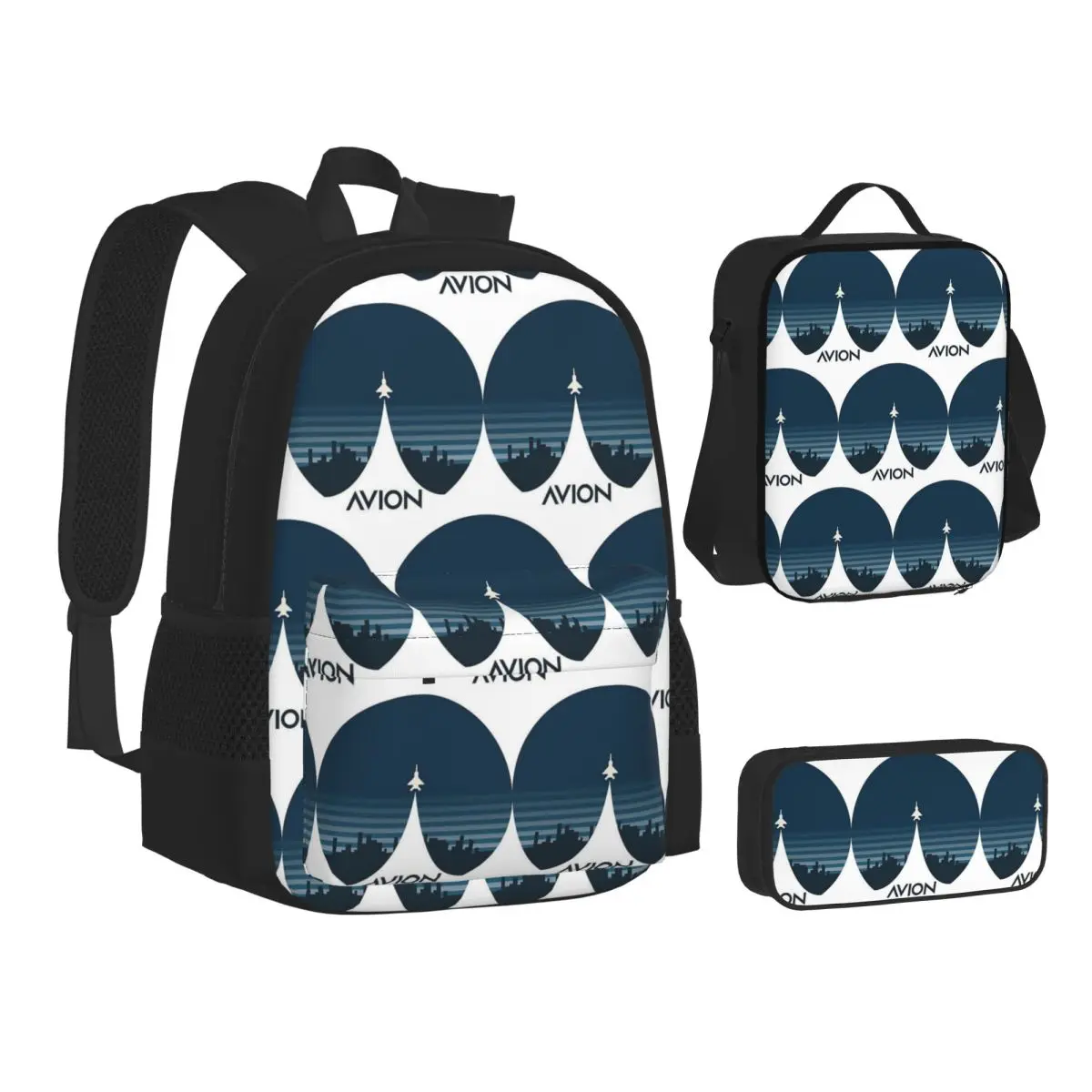 Aviation Fighter Aircraft Above The City Backpacks Students Bookbag School Bags Kids Rucksack Lunch Bag Pen Bag Three-Piece Set