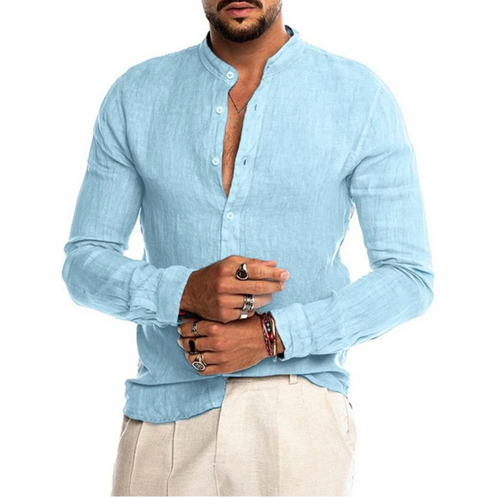 

2024 NEW Cotton Linen Hot Sale Men's Long-Sleeved Shirts Summer Solid Color Stand-Up Collar Casual Beach Style Plus Size