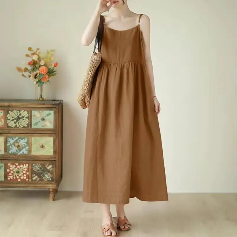 

Solid Summer Sleeveless Camisole Shirring Loose Fitting Fashion Casual Clothing Vacation Elegant Midi Dresses Outfit for Women