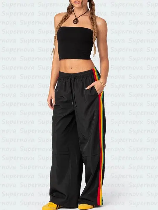 Y2K Vintage Cargo Casual Harajuku Pant Women Brazil Letter Streetwear Striped Oversize Baggy Jogging Sweatpants Wide Trousers