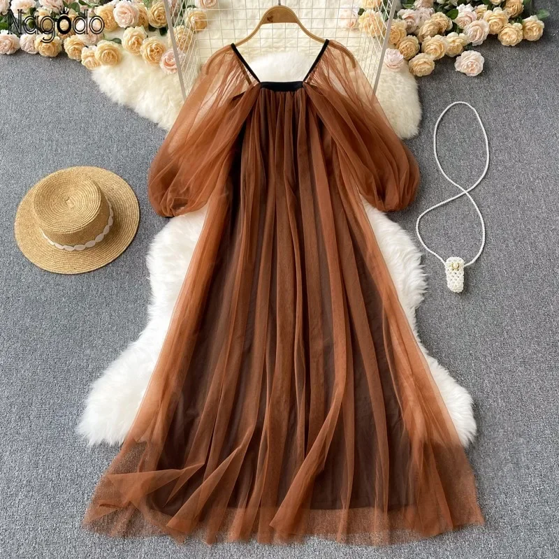 

2025 Retro Hepburn Summer Beach Travel Off Shoulder Lantern Puff Sleeve Youth Ladies Dresses Fairy Mesh Tulle Long Dress Women