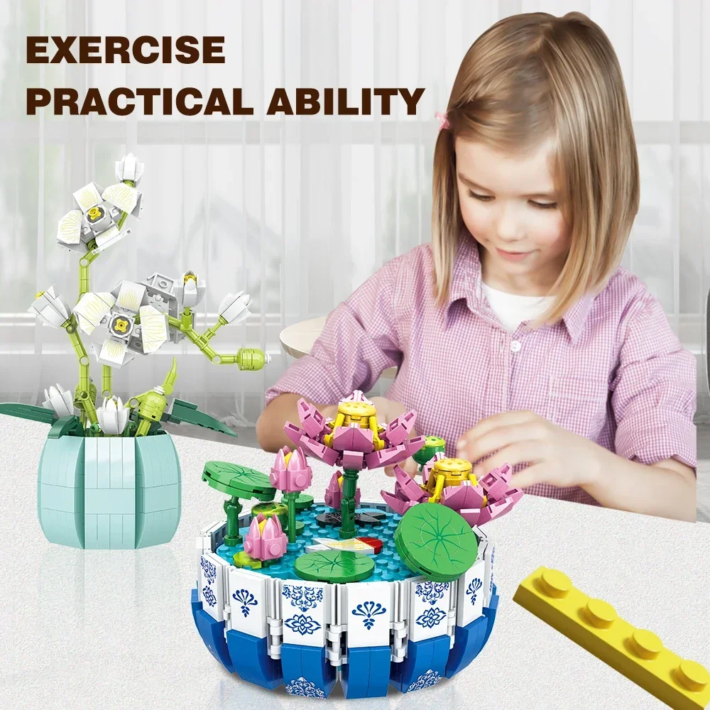 Kleine Ziegel Blume Baum Baustein Kit DIY Home Dekoration Topfpflanze Blume Botanische Bau Spielzeug Mädchen Geschenk