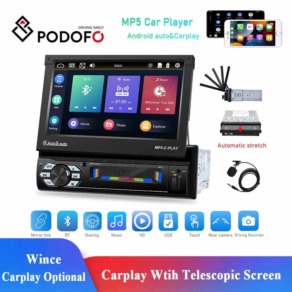 

Podofo 1din Car Radio Receiver CarPlay GPS Navigation 7" Retractable Screen Multimedia Player Universal Audio Video Support TF