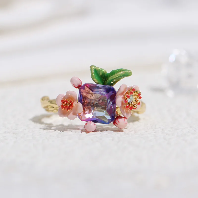 

Fashion Niche Design Cute Sweet Square Purple Glass Pink Oriental Cherry Flower Green Leaf Charming Adjustable Ring for Women