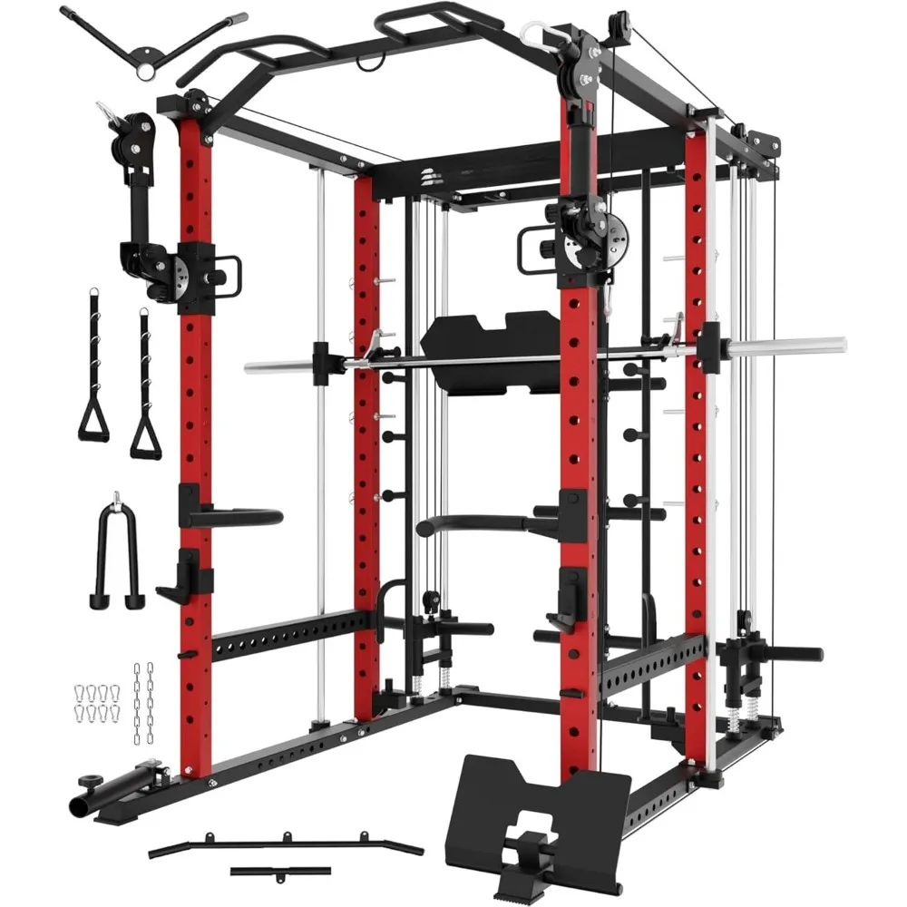 

Smith Machine with Vertical Leg Press, Power Cage Squat Rack with LAT-Pull Down Cable Crossover Rotating Arms System