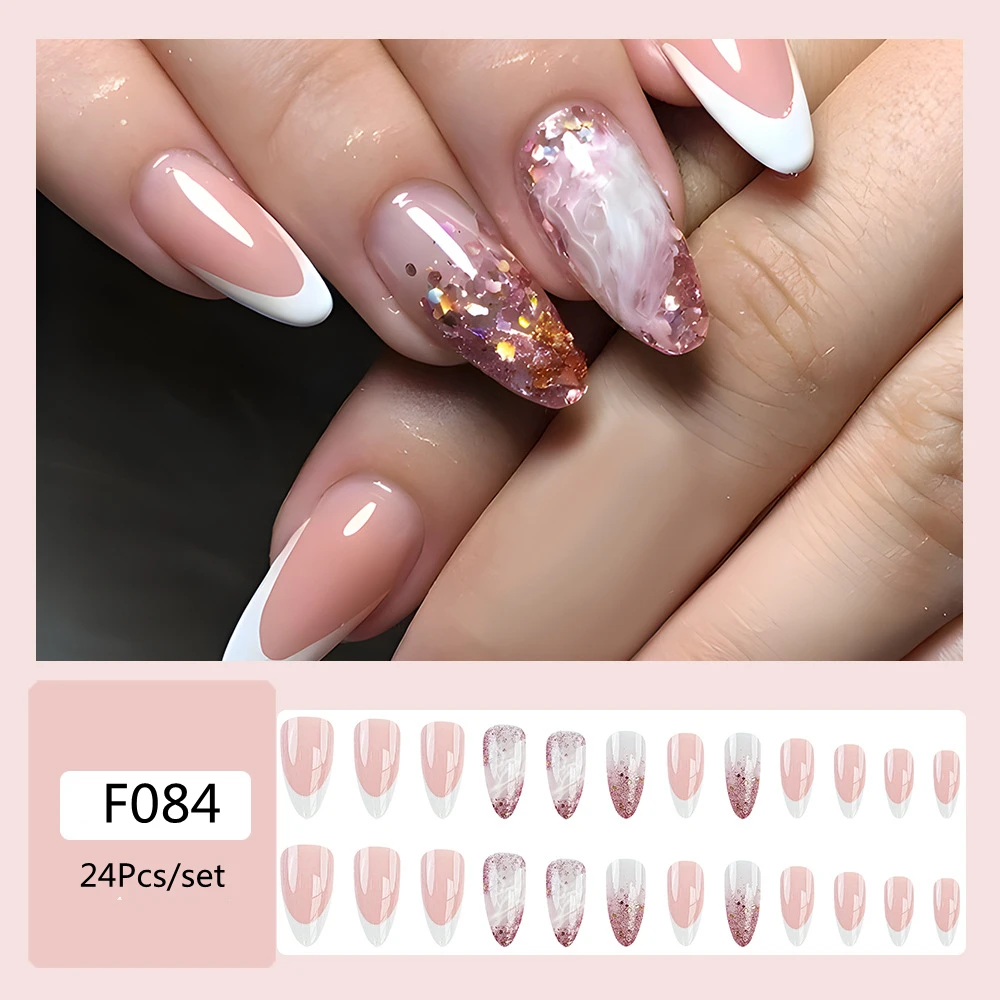 

Short Stiletto Fake NailsWith Glue Stickers Glitter Sequin French Tips Natural Pink Manicure Fingertips Press On False Nails