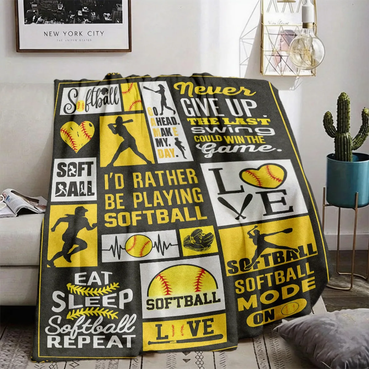 Sport Softball Quote Flannel Blanket, Athlete Motivational Slogan Art Throw for Living Room Bedroom & Warm Holiday Gift Picks