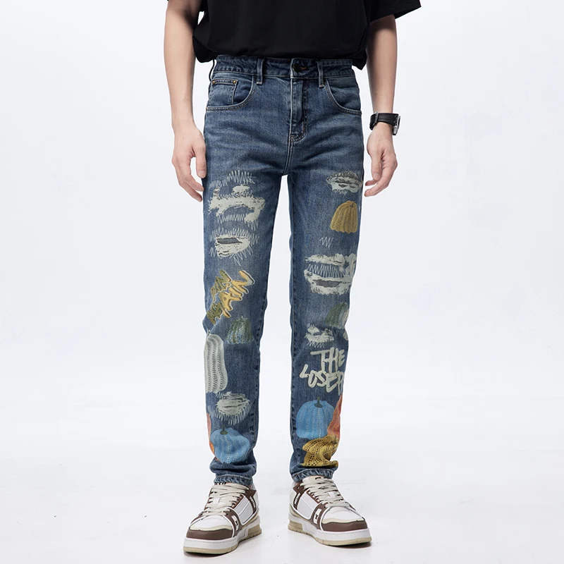 

New MEN'S jeans water washed fashion print slim fit straight elastic street hip hop graffiti casual comfortable denim pants