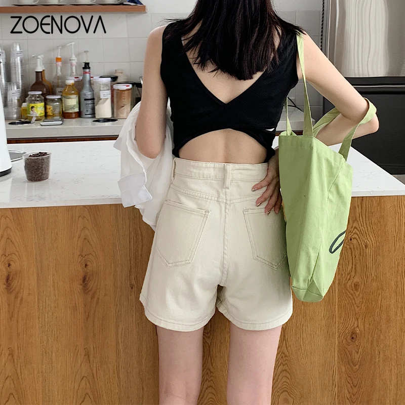 ZOENOVA Harajuku Street Ladies Casual Sexy Shorts Summer Fashion Women's Simple Versatile High Waisted Solid Color Short Jeans