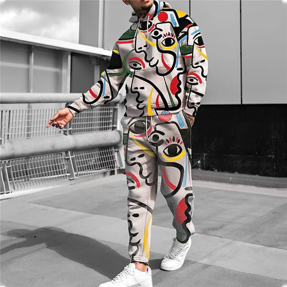 Autumn Hoodies For Men 2 Piece Set Abstract Art 3D Printed Fashion Casual Tracksuit Personality Pullovers Vintage Oversized Suit