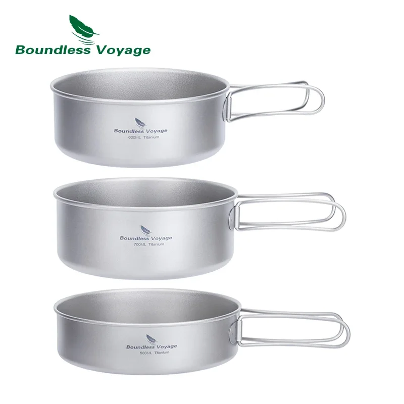 Boundless Voyage Titanium Pot Pan Cooking Set Folding Handles Outdoor Camping Picnic Tableware Bowl Plate Cookware Kit