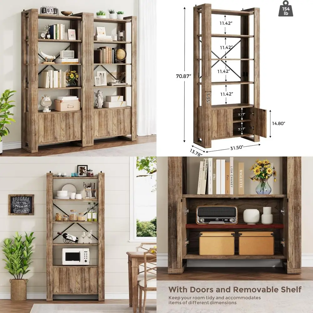 farmhouse bookcase with spring doors set of 2, 70.9 inch tall wood bookshelf with cabinet, 7-tier display storage shelves organi