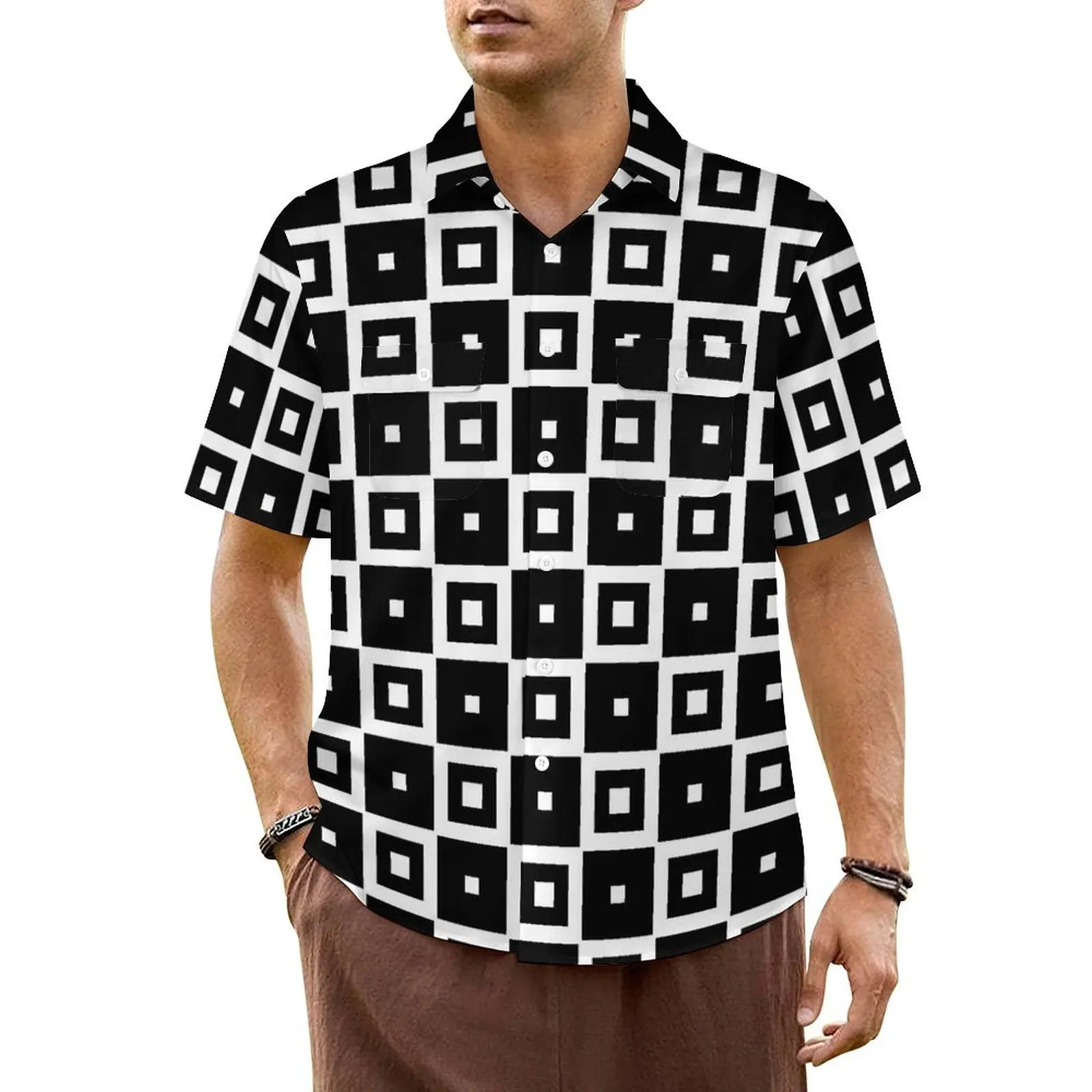 

Hawaiian Shirt Vacation Retro Square Blouses Black And White Elegant Casual Shirts Men Short Sleeve Harajuku Plus Size 4XL Top