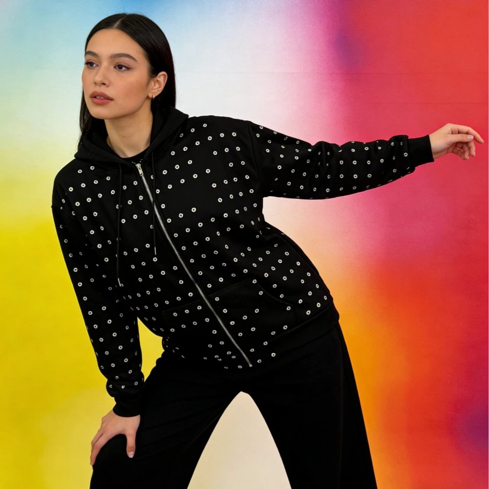 

Round hole decoration hooded sweatshirt zipper trendy personality fashion season hooded sweatshirt cardigan