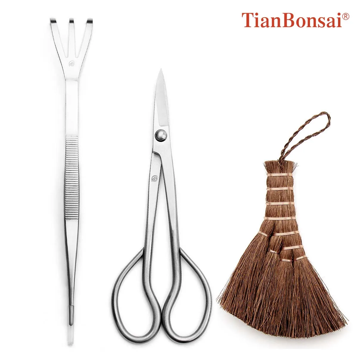 TianBonsai Basic Trimming & Cleaning Bonsai Tool Set, Satsuki Scissors, 2‑in‑1 Tweezer‑Rake and Palm Broom