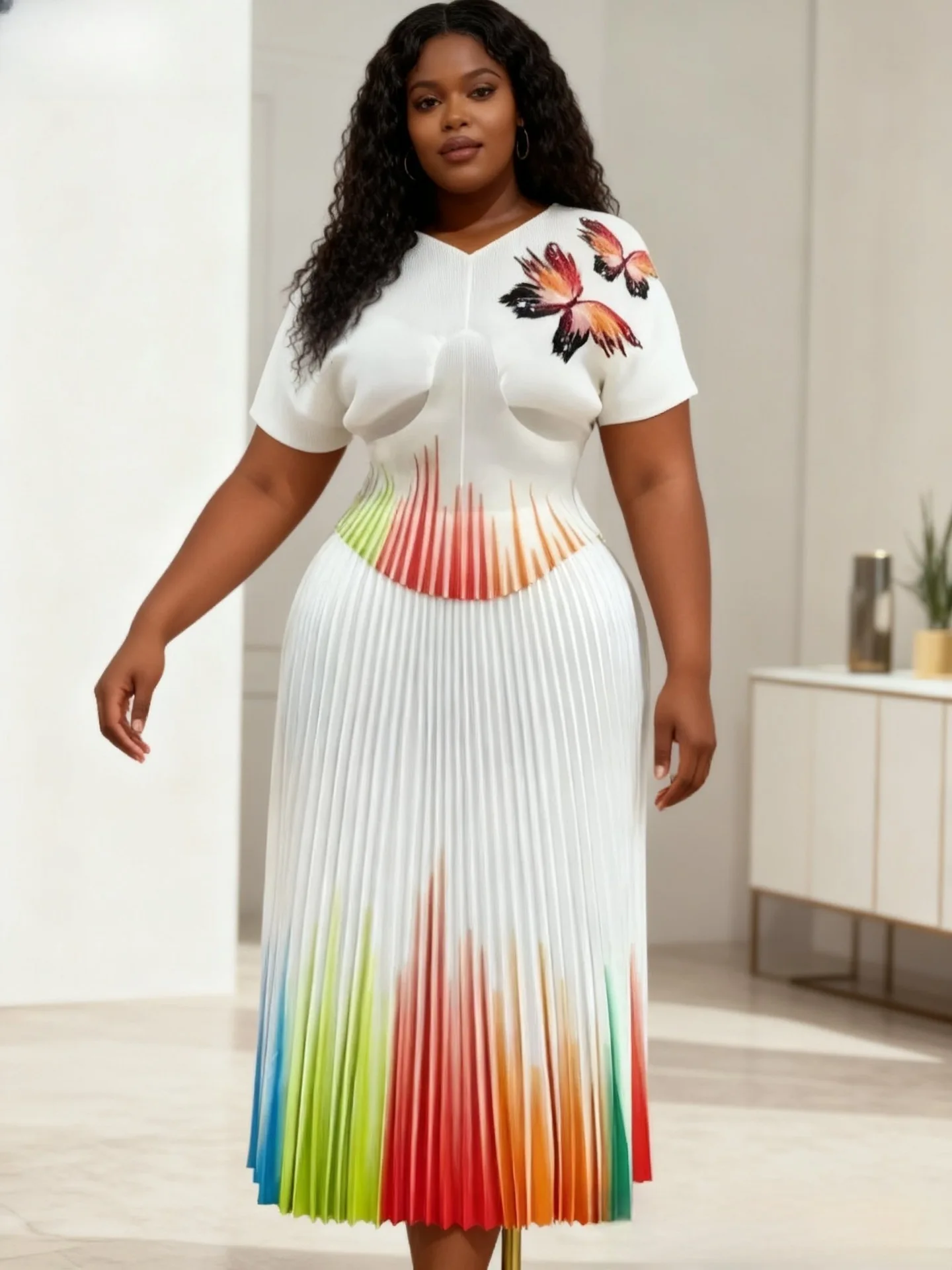 Plus-Size Two-Piece Skirt Set Miyaki Dress Cross-Border Hot-Selling Short-Sleeve Batwing Sleeve V-Neck Printed Gradient Color-Blocking Pleated Skirt Slim-Fit Waist-Cinching High Elasticity