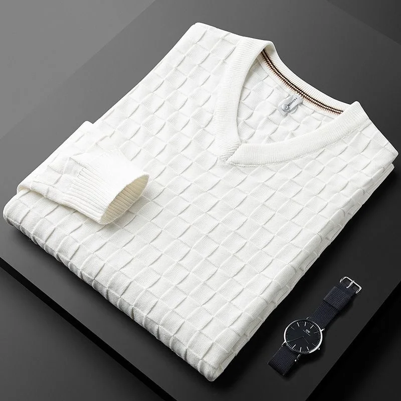 

high-end jacquard European waffle V-Neck Sweater men's long sleeve autumn winter thick Pullover trend slim knit sweater men