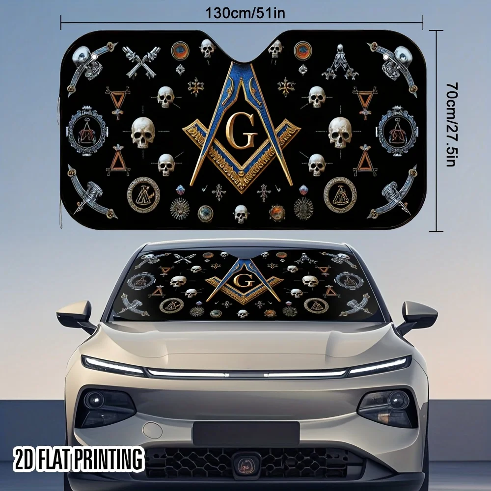 1pc Freemason Symbolic Art Car Sunshade - Skull & Compass Design, Foldable White Sunshade With 4 Suction Cups, UV Protection & H
