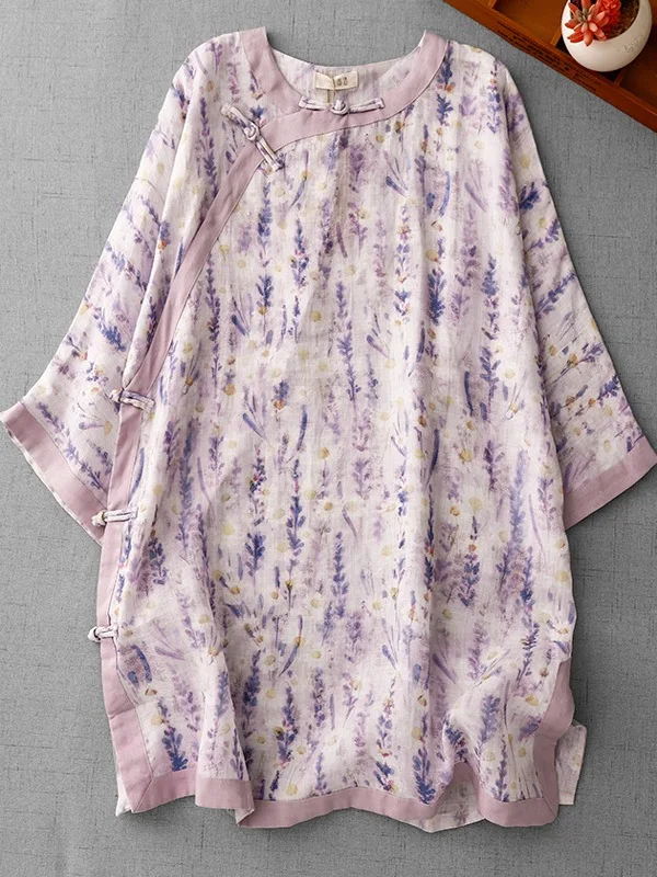 Artistique Lav imprimé coton lin Midi Dr grande taille femmes t-shirt quart Sve bouton Plaet col montant Dr