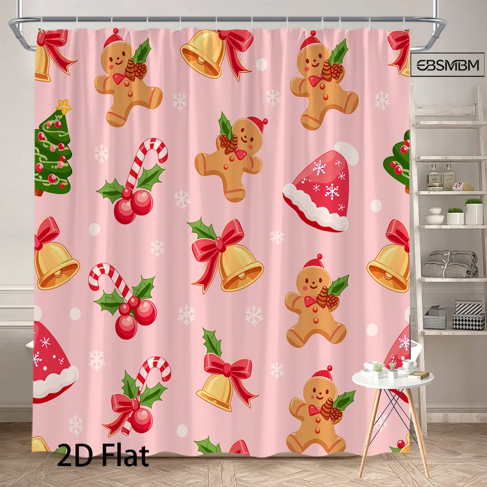 1pc Christmas Shower Curtain Cute Gingerbread Man Jingle Bell Candy Cane Christmas Tree Santa Hat Snowflake Pattern Pink Background Polyester Fabric Bathroom Hanging Curtain Bath Partition Decor 70.8X70.8 Inch with 12 Hooks