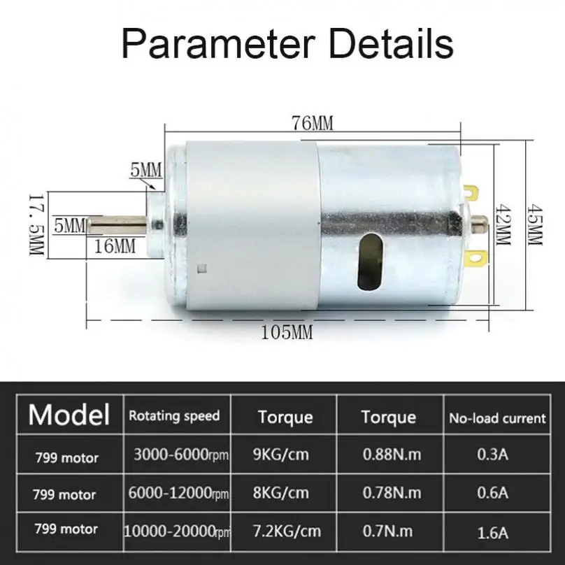 799 DC Motor 12-24V 20000RPM Large Torque Micro Motor with Double Ball Bearing for Power Tool Vacuum Cleaners Fans DIY Toys