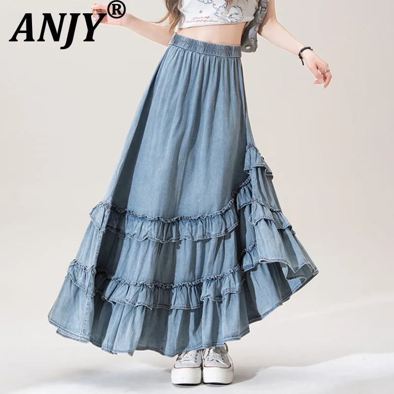 

ANJY Autumn New Women Chic Skirt Ruffled Patchwork Denim Asymmetrical Design Elastic Waist Draped Sweet Elegant Ins Skirts A9907