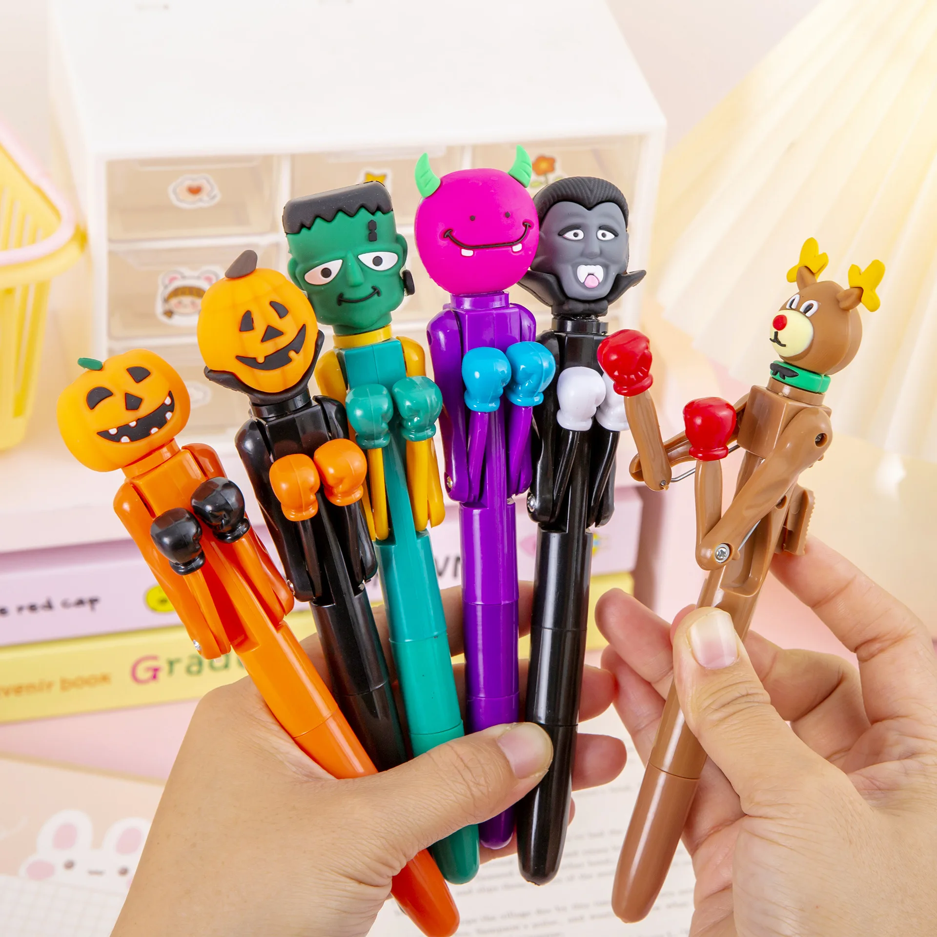 Lustiger Box-Kugelschreiber mit blauer Tinte, kreativer Kürbis, Monster, Weihnachtsmann, Cluas, Schneemann, Halloween, Weihnachten, Schreibwaren, Kindergeschenk