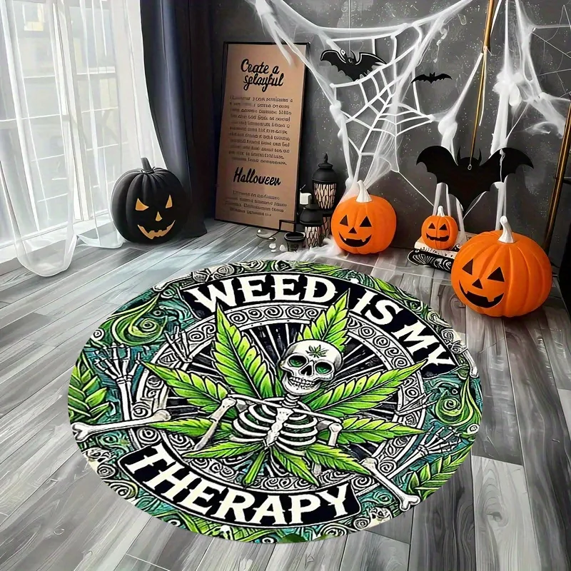 Cannabis Leaf Skeleton Round Rug Flannel Alternative Lifestyle Design Weed Therapy Home Decor Man Cave Floor Mat