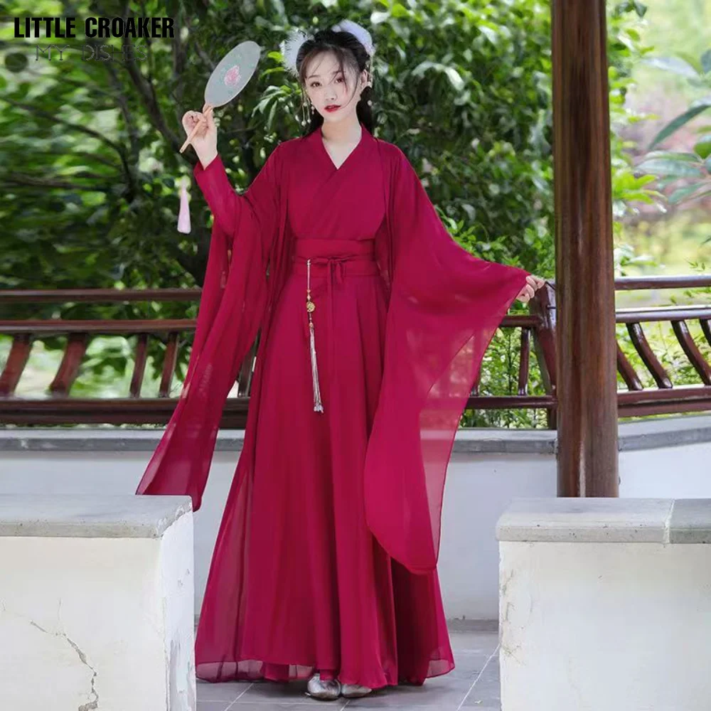 2023 New Hanfu Mulheres Rosa Azul Vestido Vermelho Traje de Dança Folclórica Fada Tradicional Chinesa Dinastia Han Antiga Princesa Stage Outfits