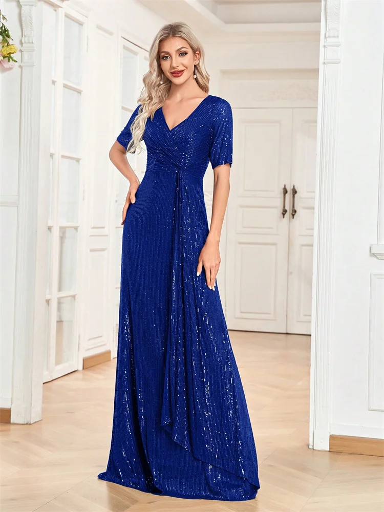 ชุดราตรีหรูหราแบบยาวถึงพื้น คอวี ปี 2025 สำหรับผู้หญิง ชุดเดรสยาวออกงานหรูหรา ประดับเลื่อม แขนสั้น ชุดราตรีงานพรอม งานเลี้ยงค็อกเทล