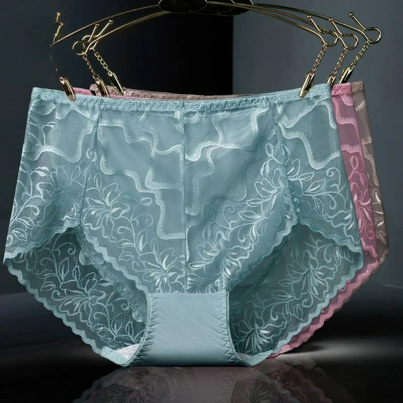 

3-Pack Lace Underwear Women's Ice Silk Sexy Mid-waist Transparent Mesh Briefs Women's Underwear Soft, Light and Comfortable