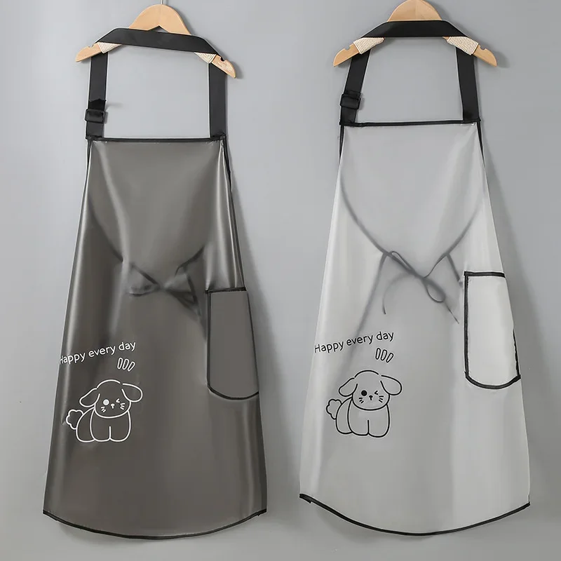 Semi Transparent TPU Apron Water Oil Resistant Adjustable Neck Hanging Cute Cartoon Protective Apron for Women Kitchen