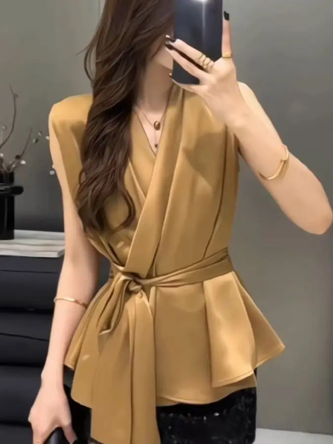 

Лето 202, женский облегающий топ с v-образным вырезом и поясом Svel irt Faionable Design Sense, корейский тонкий топ