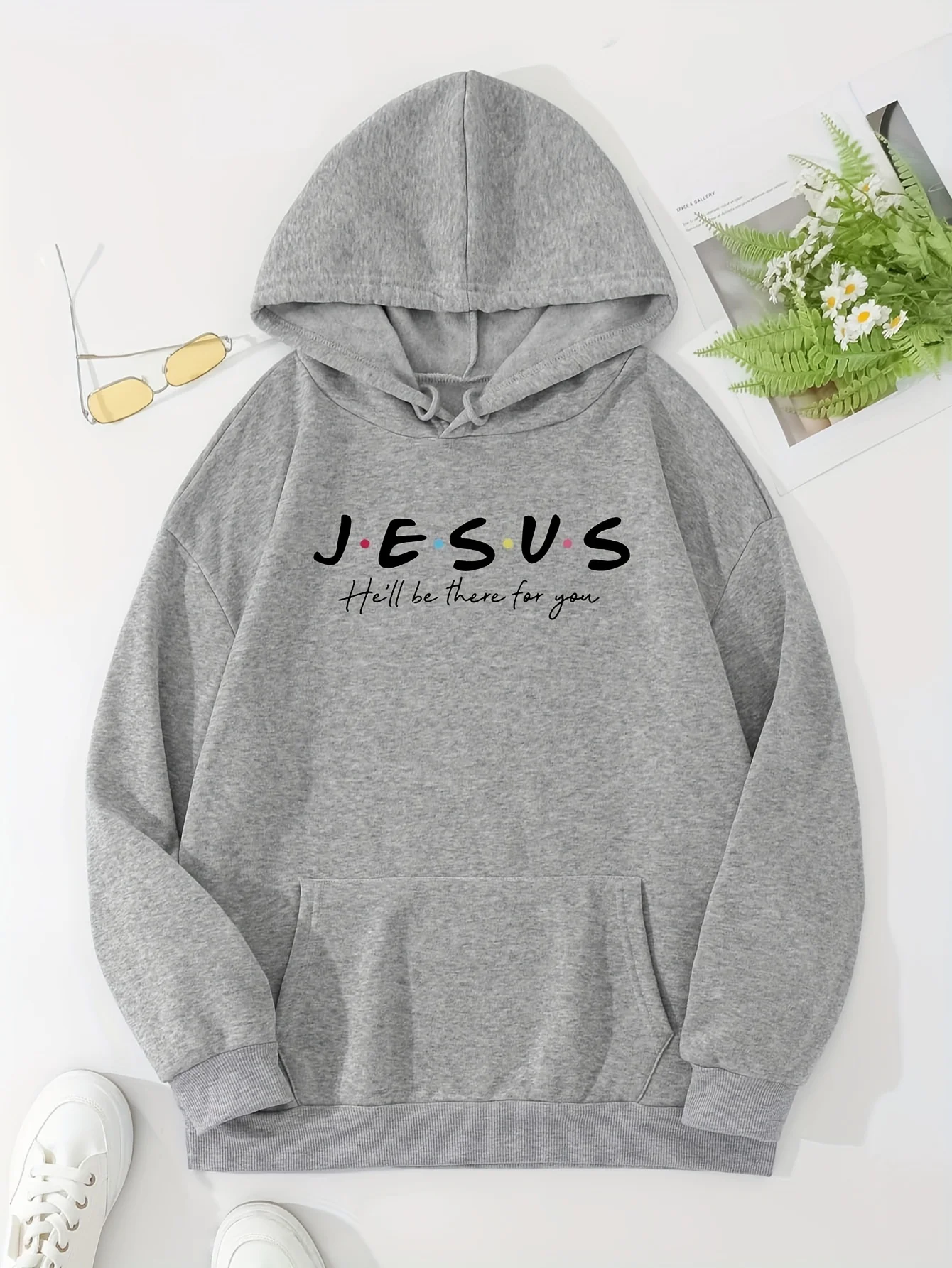 Jesus Print Hoodies, Drawstring Kangaroo Pocket Casual Sweatshirt For Spring & Fall, Women\'s Clothing