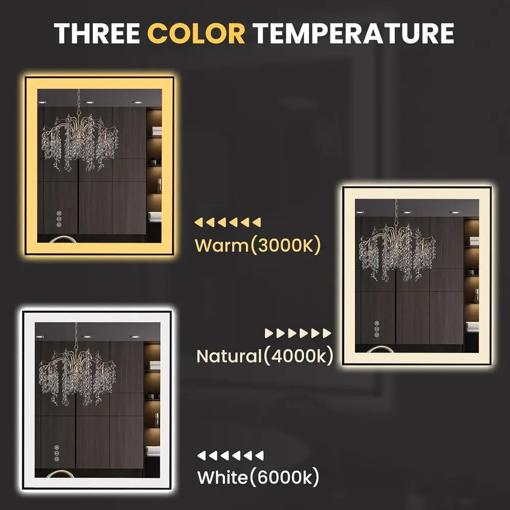 مرآة حمام LED مضادة للضباب مع إطار أسود، وإضاءة عكس الضوء، وزجاج مقسى، ووظيفة الذاكرة #6