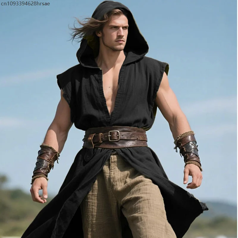 

Medieval Hooded Sleeveless Coat Men's Renaissance Knight Role-play Robes Outfits Warrior Cosplay Party Costume