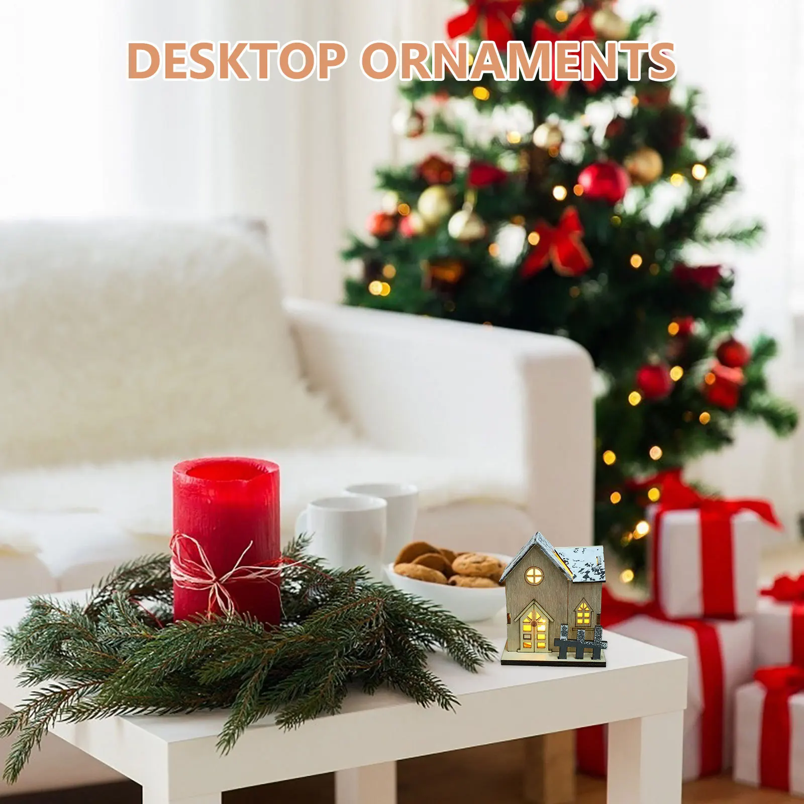 

2Pcs Xmas Luminous LED Wooden Log Cabin Christmas Desktop Ornaments Home Party Decorations Desktop Ornaments Luminous Log Cabins