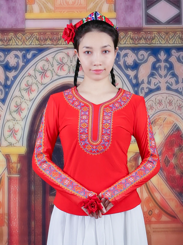 Summer Women's Xinjiang Uyghur Dance Bottom Shirt Art Candidate Dance Performance Clothing Embroidered Top Training Clothing