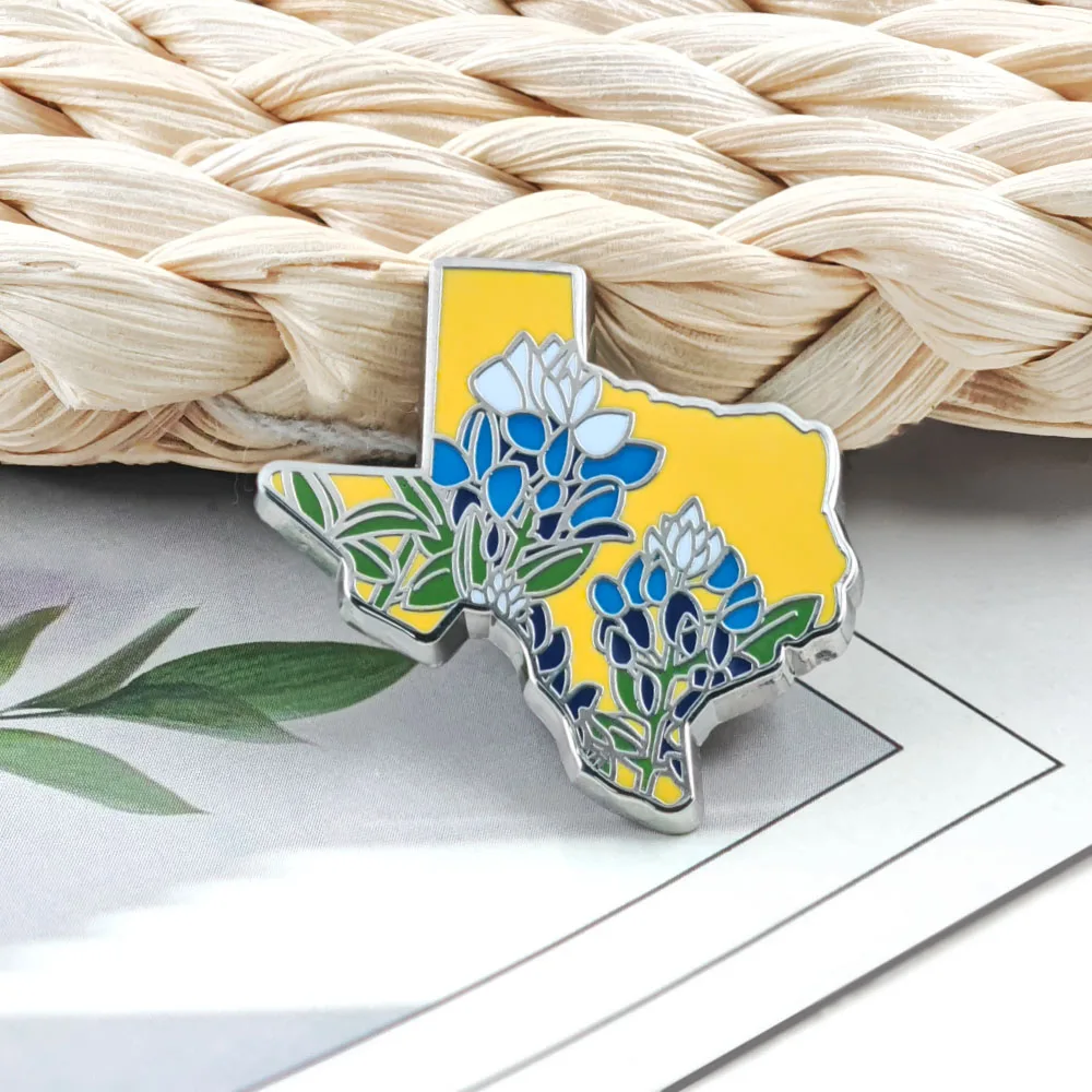 Texas Bluebonnet Emaille-Pin in Form einer Staatskarte, Blumenbrosche, Metallabzeichen, Anstecknadel, US-Reisesouvenir, Schmuckgeschenk für texanische Freunde – Detail 9