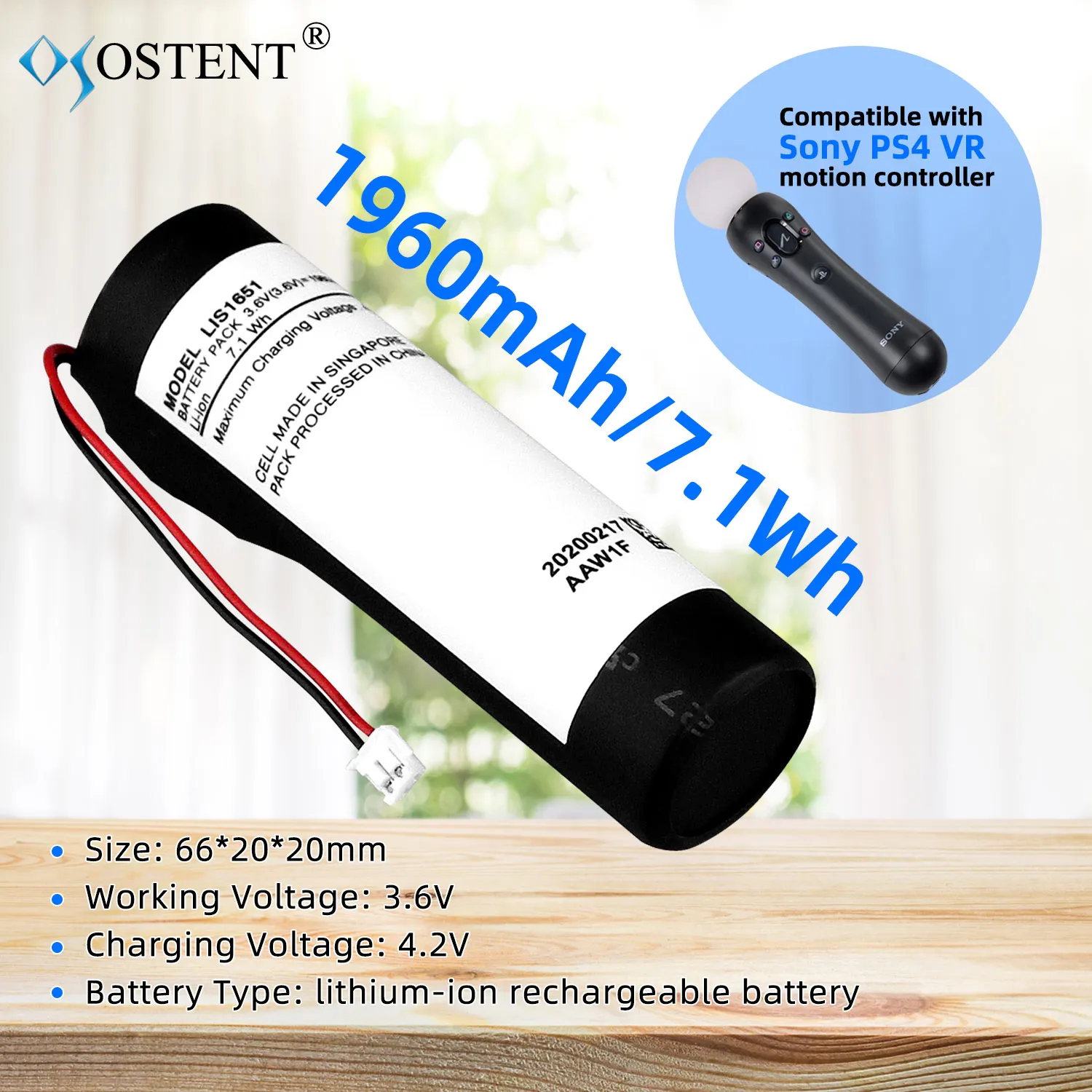 OSTENT LIS1651 Battery 3.6V 1960mAh Rechargeable Lithium Battery Replacement For Sony PlayStation 4 PS4 VR Motion Controller