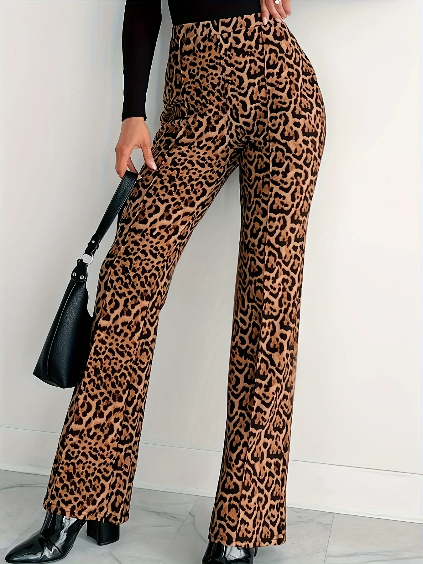 

Женские брюки-клеш с леопардовым принтом, высокой талией, винтажные, микро-клеш, в пол, с драпировкой, в уличном стиле, для повседневной носки