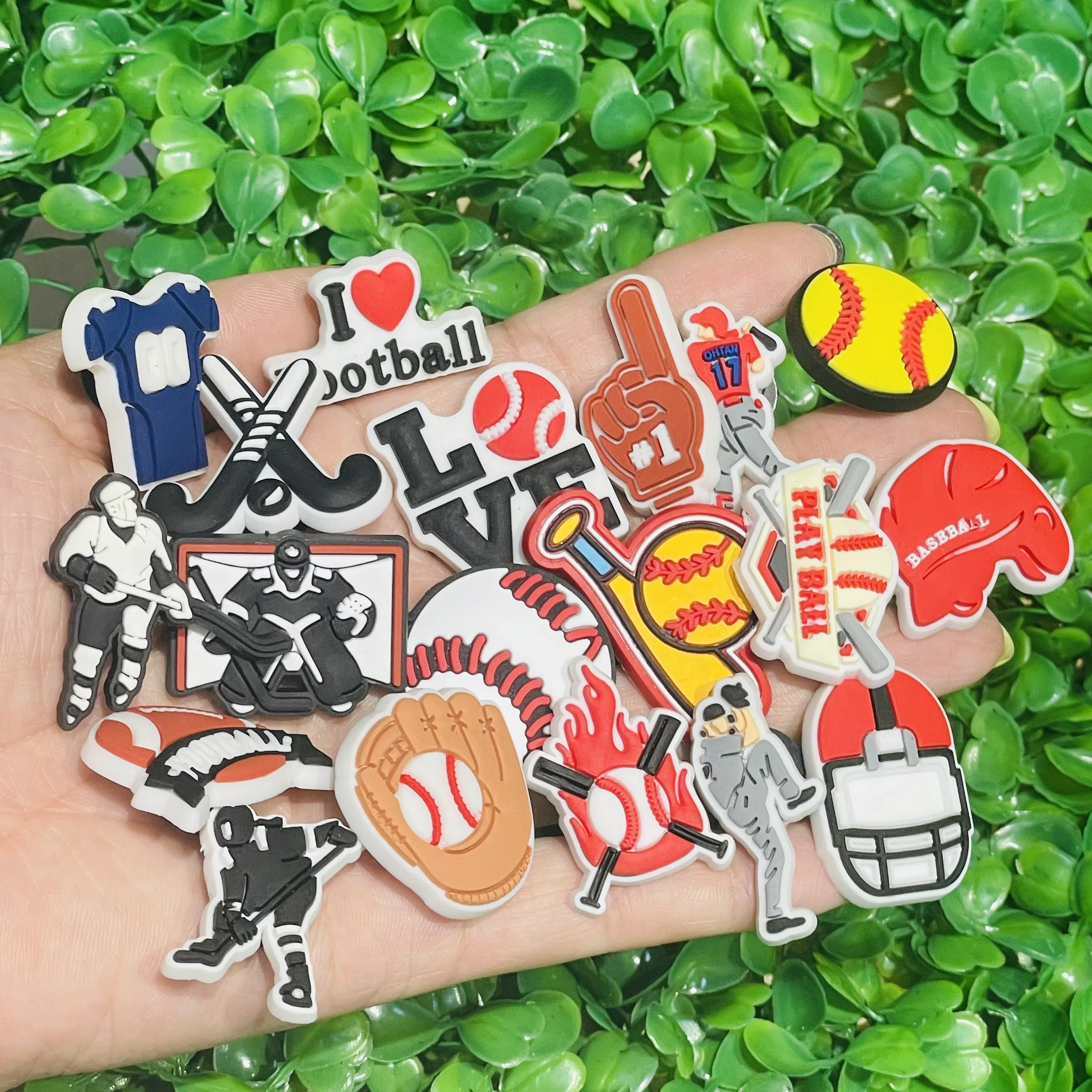 19/50/100pcs Rugby Football Sports PVC Sandals Shoes Charms Buckle Clog Diy Bag Shoes Pins Decorations Women Christma Gifts