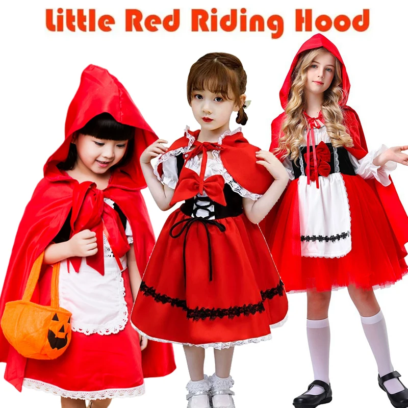 Halloween Little Red Riding Hood Costume per ragazza con Cape Princess Dress Christmas Children Performance Ball Fairy Tale Outfit