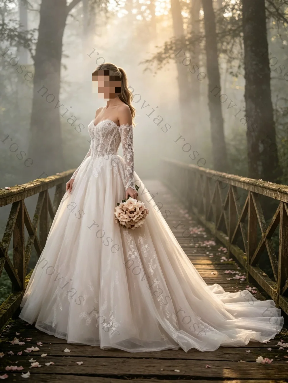 Customized Off Shoulder Lace Long Sleeved A-line Wedding Dress 2026 Sweet and Fluffy Princess Luxury Bridal Gown with Big Tail