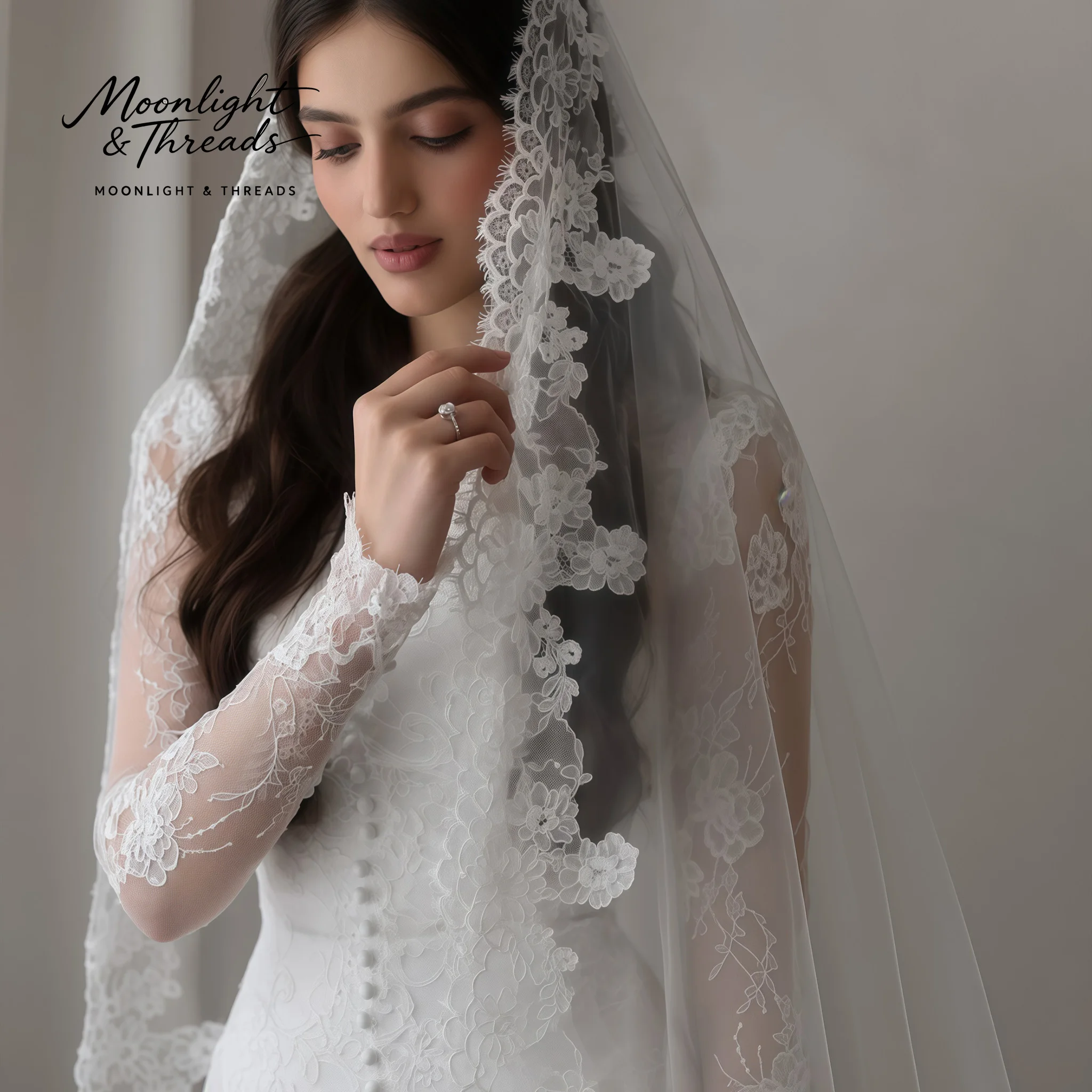

White lace off-shoulder long-sleeve floor-length mermaid wedding gown with embroidery and a floor-length veil