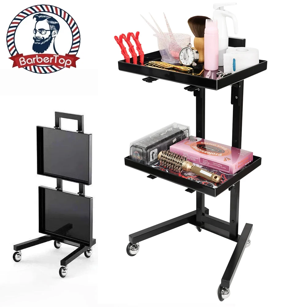 Barbertop Adjustable Tray Height Stainless Steel Trolley Rolling Cart Stand Black Salon Medical SPA Clinic Service Cart Storage-