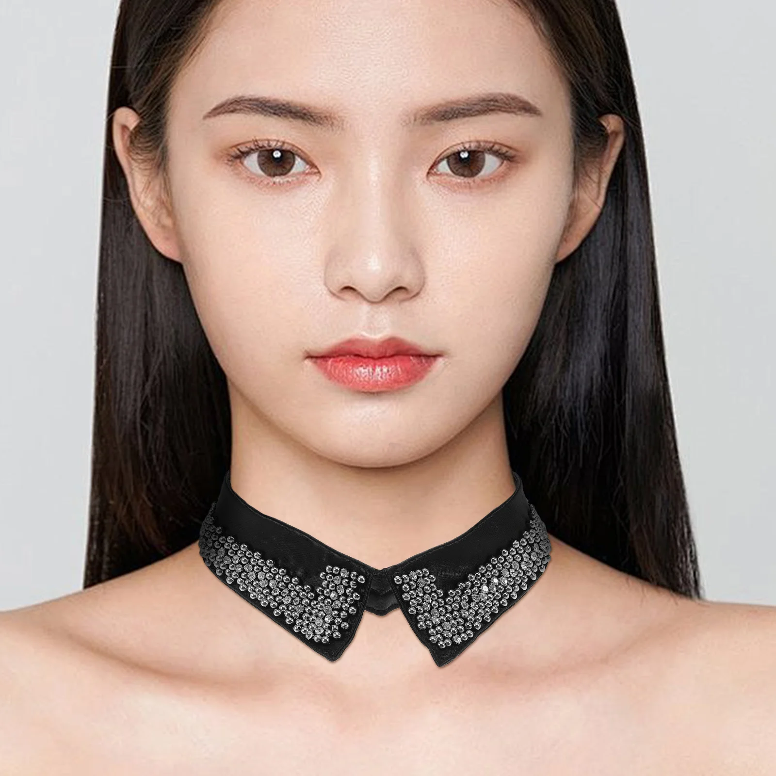

1pcs Black Beaded Faux Collar Detachable Elegant Shirt Lapel Women'S Vintage Fashion Neckline Accessory Bling Choker